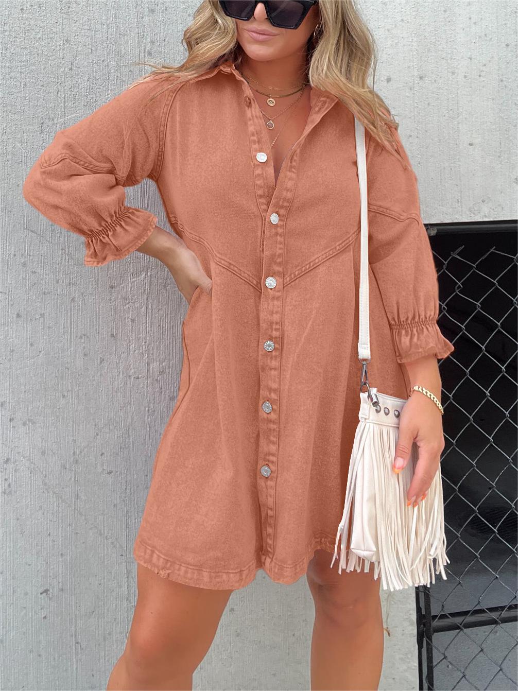 Galilea - Rochie Midi din Denim cu Guler Îndoit Elegant