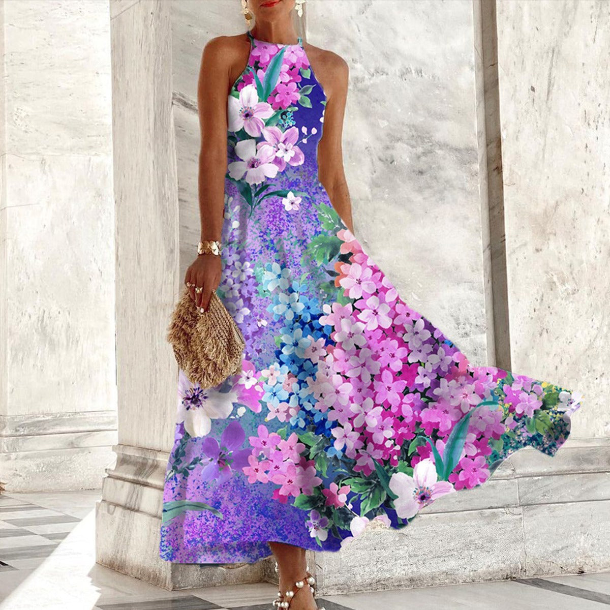 Eileen - Rochie lungă cu guler halter floral