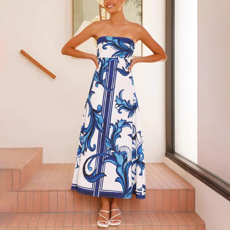 Iris - Rochie lungă tub cu imprimeu vintage