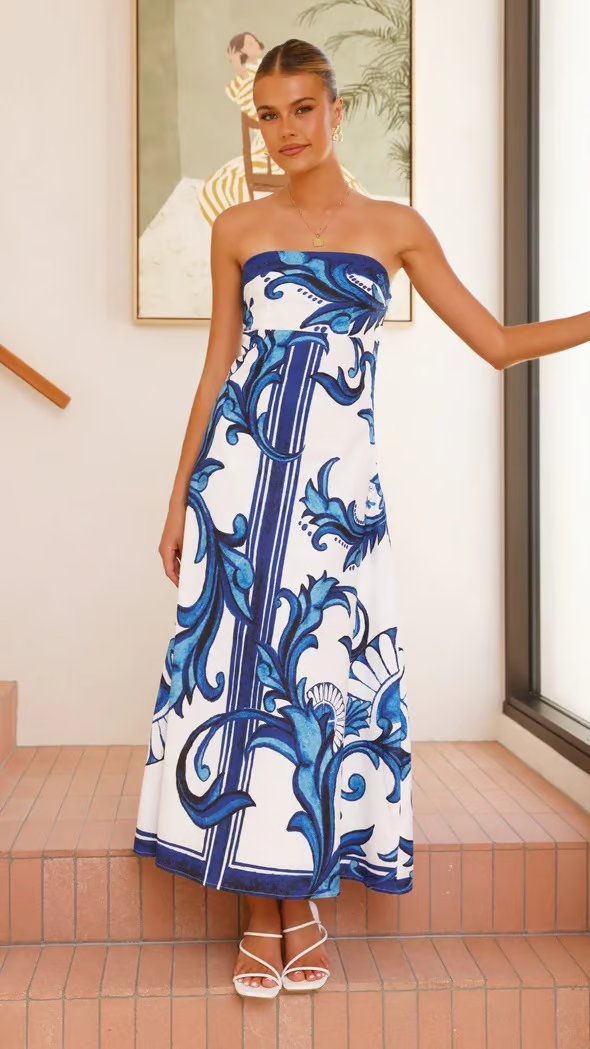 Iris - Rochie lungă din tub cu imprimeu vintage