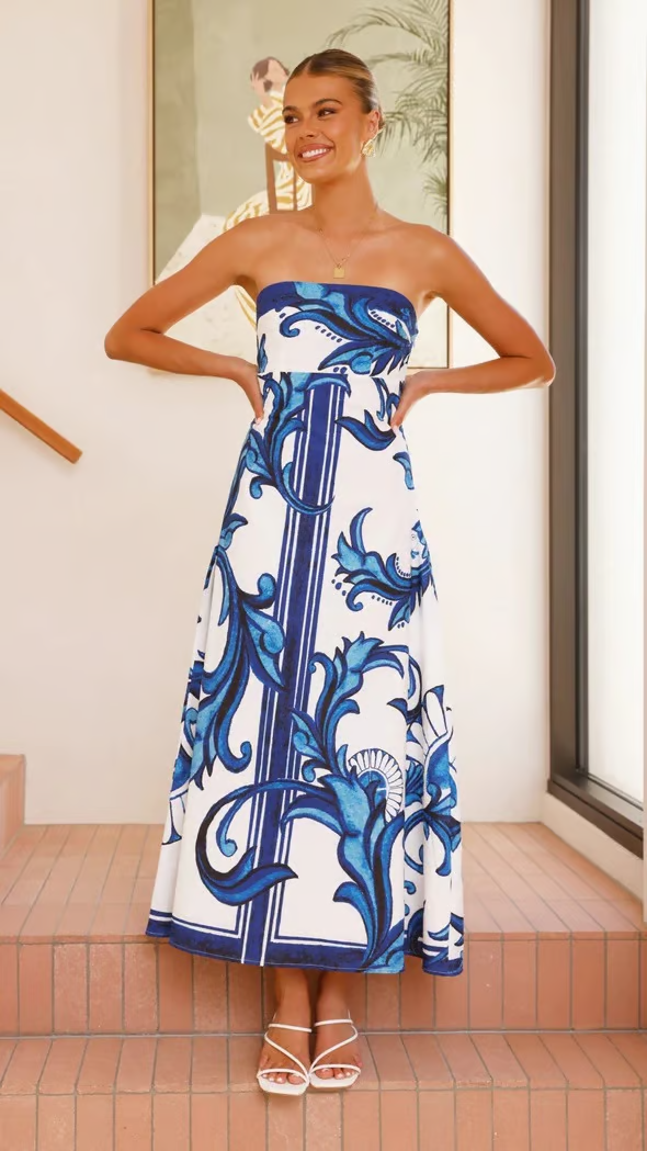 Iris - Rochie lungă tub cu imprimeu vintage