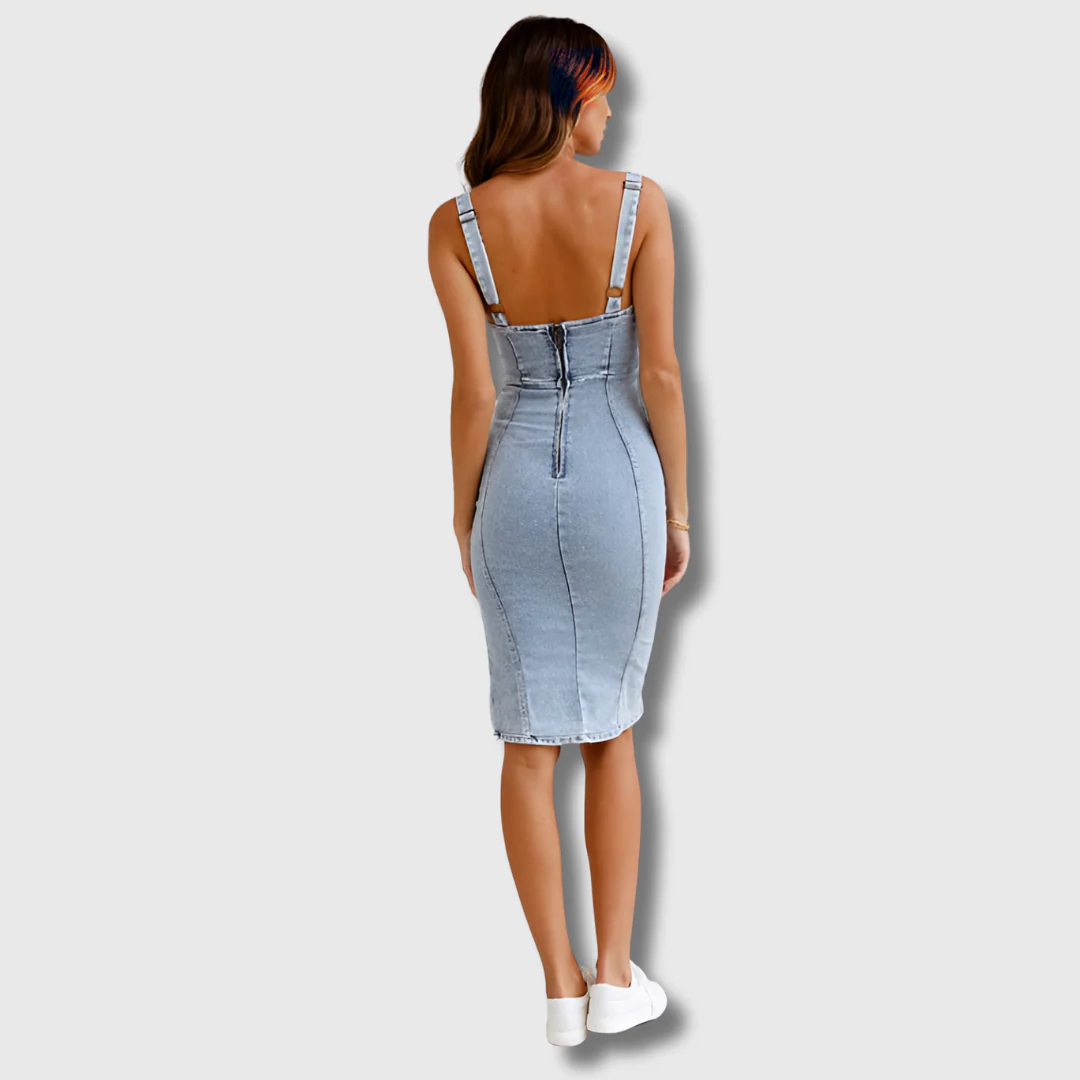 Hester - Rochie din Denim cu Spate Decupat, Croială Ajustată