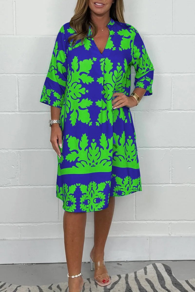 Kenzie - Rochie Boho Retro cu Decupaj în Formă de V și Mâneci Scurte