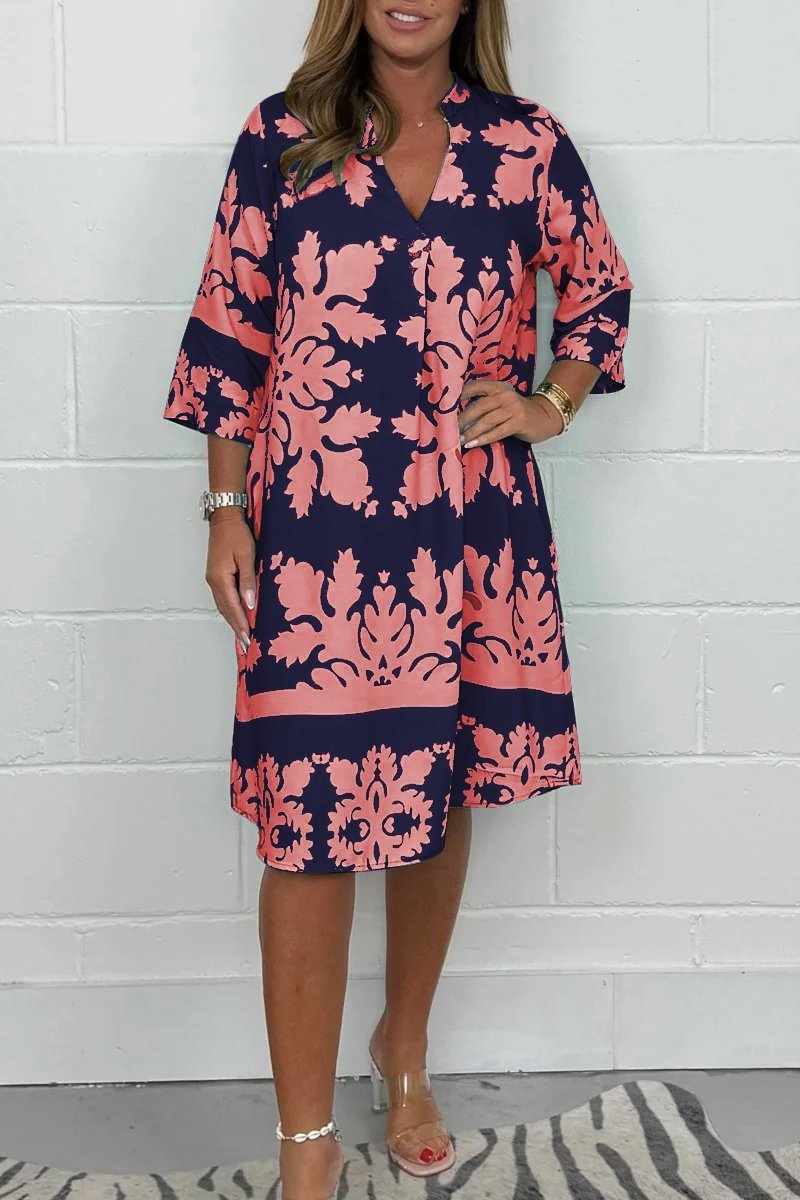 Kenzie - Rochie Boho Retro cu Decupaj în Formă de V și Mâneci Scurte