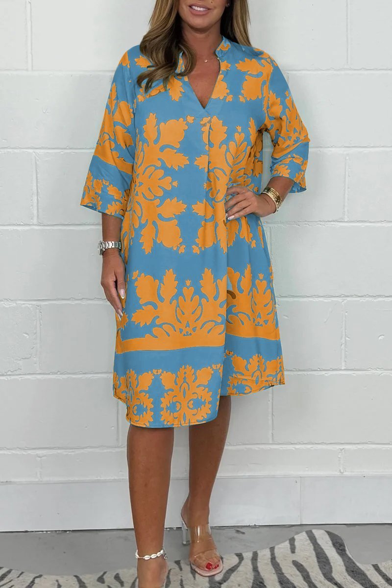 Kenzie - Rochie Boho Retro cu Decupaj în Formă de V și Mâneci Scurte