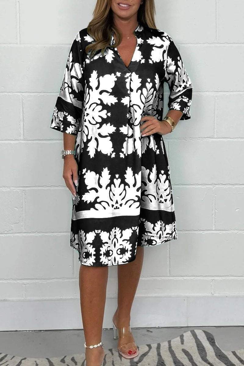 Kenzie - Rochie Boho Retro cu Decupaj în Formă de V și Mâneci Scurte