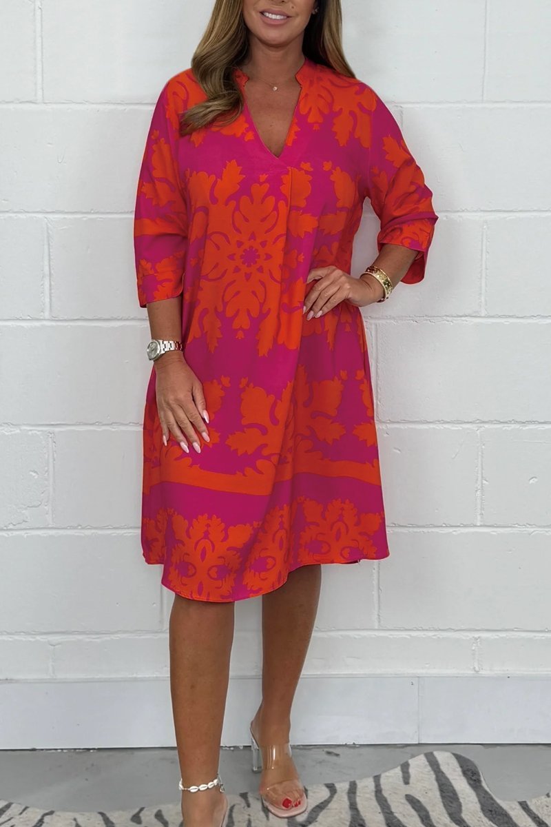 Kenzie - Rochie Boho Retro cu Decupaj în Formă de V și Mâneci Scurte