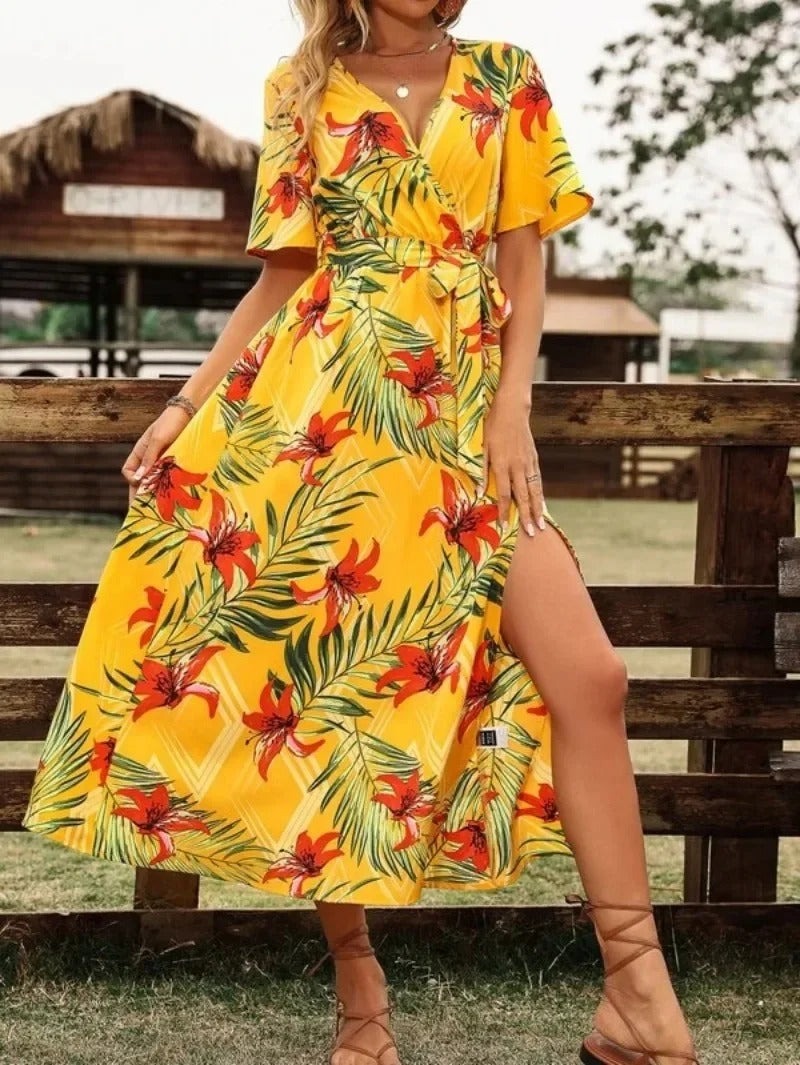 Lucille - Rochie de plajă cu decolteu în V și despicătură