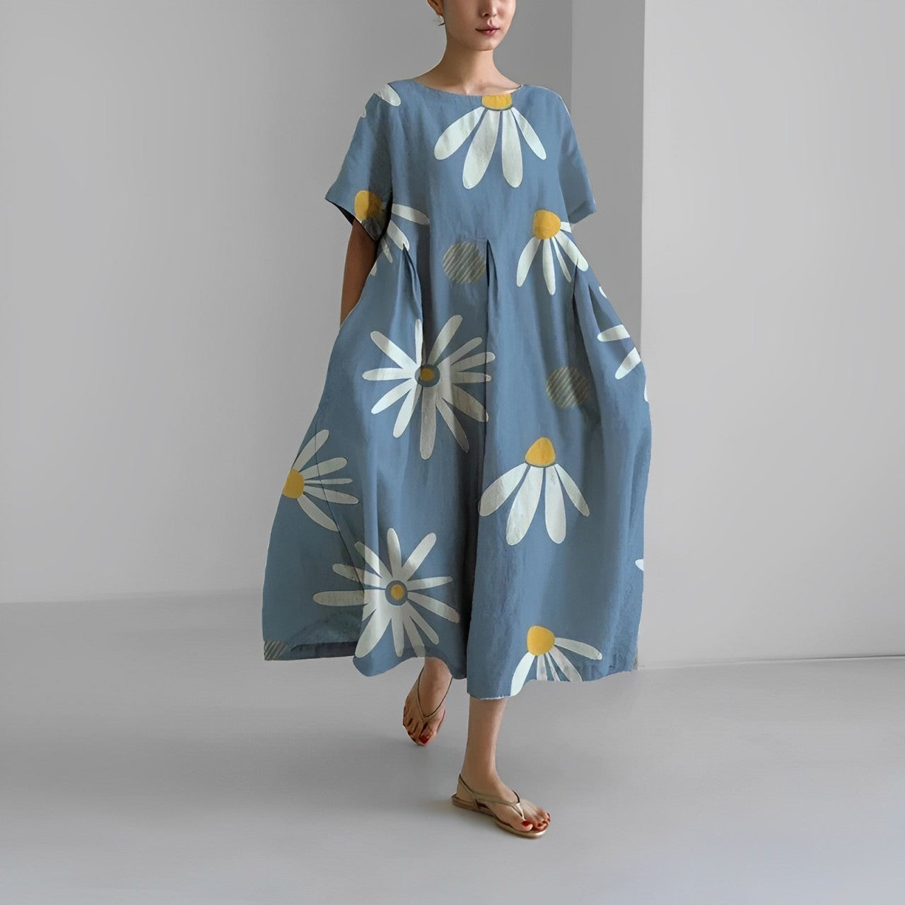 Daisy - Rochie Maxi Lejeră cu Mâneci Mari Retro